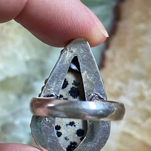 Dalmatian Jasper Natural Gemstone Ring, coffin shape, .925 Sterling overlay. - Picture 6 of 6